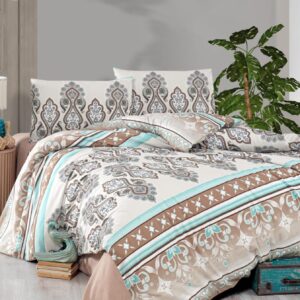 Çift Kişilik Pamuklu Nevresim Takımı Desenli Mavi ve Kahverengi Tasarım