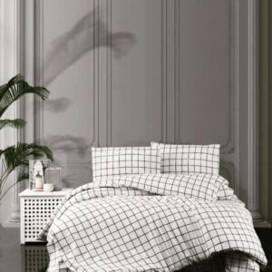 Çift Kişilik Kareli Desenli Beyaz Zeminli Pamuklu Nevresim Takımı