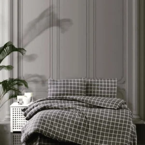 Çift Kişilik Kareli Desenli Pamuklu Nevresim Takımı Gri ve Beyaz Tasarım